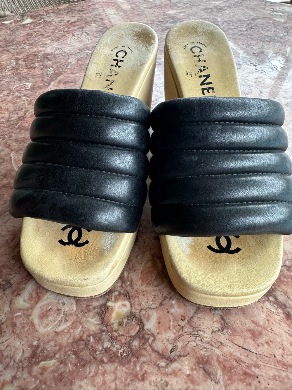 CHANEL Black Padded Slide Sandals with Beige Footbed